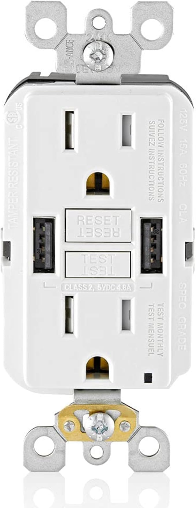 Leviton 15A SmartlockPro GFCI Combination Type A USB In-Wall Charger Outlet, USB Charger for Smartphones and Tablets, GUSB1-W, White