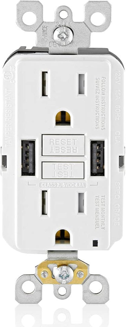 Leviton 15A SmartlockPro GFCI Combination Type A USB In-Wall Charger Outlet, USB Charger for Smartphones and Tablets, GUSB1-W, White