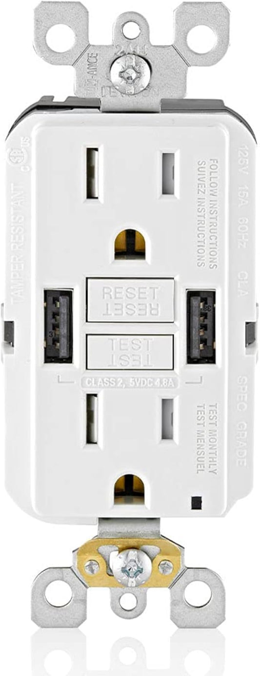 Leviton 15A SmartlockPro GFCI Combination Type A USB In-Wall Charger Outlet, USB Charger for Smartphones and Tablets, GUSB1-W, White