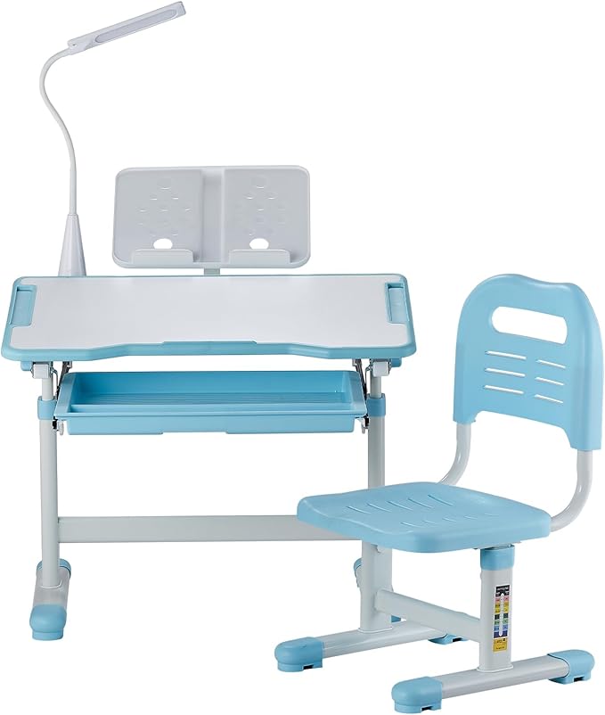 VEVOR Kids Study Chair and Desk Set, Study Desk and Chair for Kids with Table Lamp, Adjustable Height & 0-40 Tilted Desktop, Blue