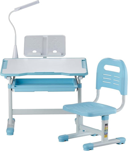VEVOR Kids Study Chair and Desk Set, Study Desk and Chair for Kids with Table Lamp, Adjustable Height & 0-40 Tilted Desktop, Blue