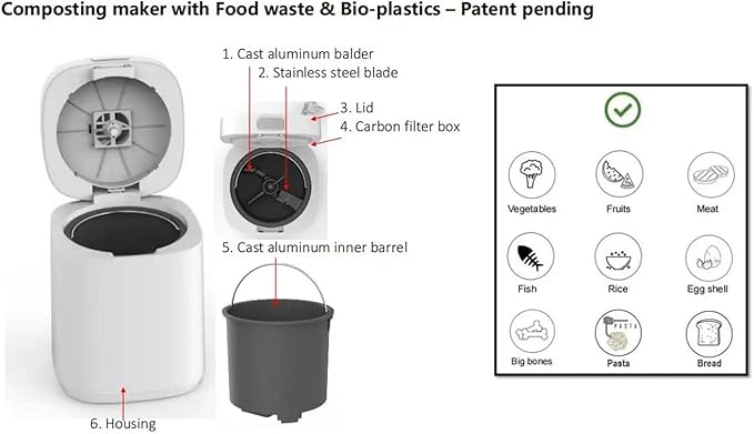 Electric Composter for Kitchen, 500W Kitchen Compost Bin with Smart LED Screen, Ample 2.5 Liters Capacity and Adjustable Work Modes, Automatic Cleaning and Fast Eliminating Odors, for Counter