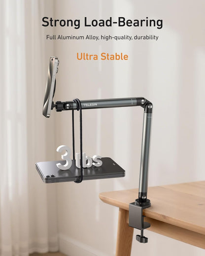 TELESIN Magnetic Phone Holder For Desk and Bed - Strong Magnetic - Tablet Stand Holder With Long Arm - 360° Freely Adjustable Rotation Base - Upgraded Silicone Clamp for IPhone, Android & IPad Series