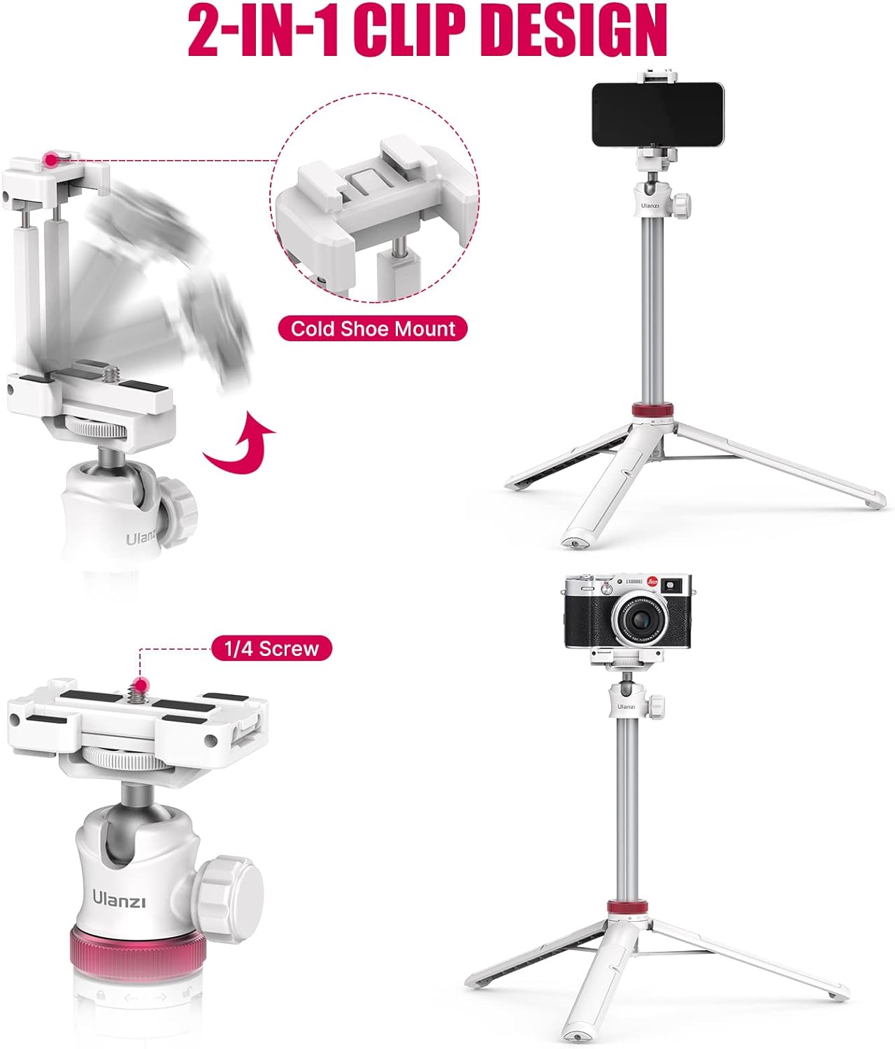 ULANZI MT-44 Extendable Phone Tripod, 59" Selfie Stick Portable Vlog Tripod Stand with 2 in 1 Phone Clip 1/4" Screw, 360° Ball Head Camera Tripod for DJI Pocket Sony Canon Action Fujifilm, White