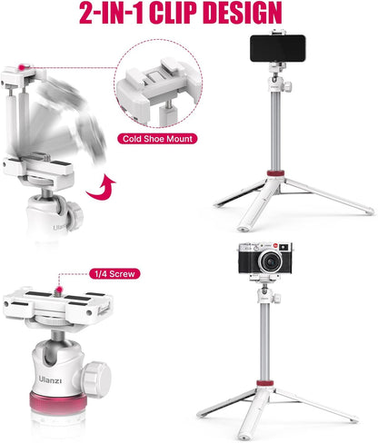 ULANZI MT-44 Extendable Phone Tripod, 59" Selfie Stick Portable Vlog Tripod Stand with 2 in 1 Phone Clip 1/4" Screw, 360° Ball Head Camera Tripod for DJI Pocket Sony Canon Action Fujifilm, White