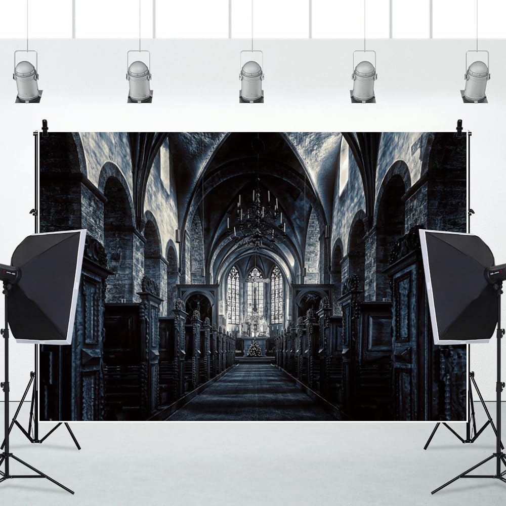 ChloropLastid 10x8ft Scary Church Halloween Backdrop Dark Black Horror Gothic Medieval Castle Interior Photography Background Halloween Night Carnival Theme Party Decor Banner Photo Studio Props
