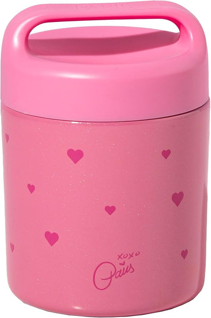Paris Hilton Stainless Steel Food Jar, Double Wall Vacuum Sealed Insulated Food Storage Container with Carry Handle Lid, 12-Ounce, Pink with Heart Design