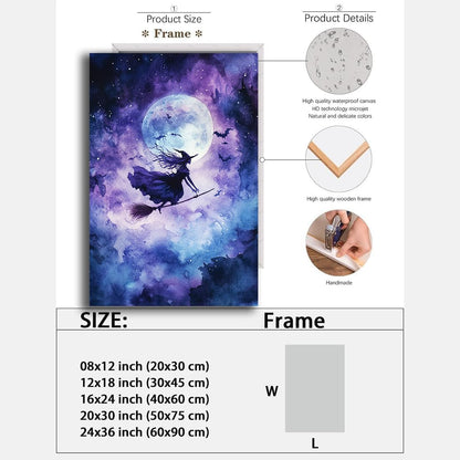 Witch On Broom Flying Wall Art,Gothic Halloween Canvas Wall Art,Victorian Witch Silhouette In Moonlight Broomstick Poster Pictures,Creepy Halloween Purple Night Sky Print,16"x24" Framed