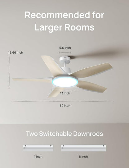 Dreo Smart Ceiling Fans with Lights, Low Profile Ceiling Fan with Alexa/App, 52'' Dimmable Lighting & Color Tuning, RGB Ambient Light for Living Room, Game Room, Easy Installation, Quiet, White
