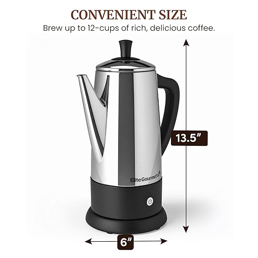 Elite Gourmet 12-Cup Electric Coffee Percolator, Dishwasher Safe Stainless-Steel Filter, Lid & Tube, Keep Warm, 360° Swivel Base Cord-less Serving, Stainless-Steel