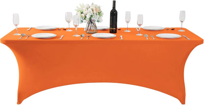 SuperO Waterproof Spandex Table Cover for 8FT Table Universal Fitted Stretch Tablecloth for Party, Banquet, Wedding and Events-Orange