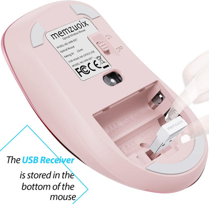 memzuoix 2.4G Wireless Mouse, 1400 DPI Mobile Optical Cordless Mouse with USB Receiver, Portable Computer Mice for Laptop, PC, Desktop, MacBook, 5 Buttons (Pink)