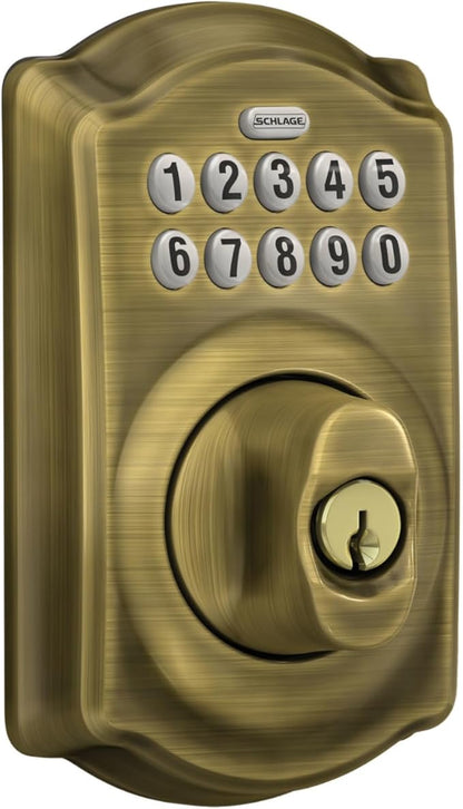 Schlage BE365 CAM 609 Camelot Keypad Deadbolt, Electronic Keyless Entry Lock, Antique Brass