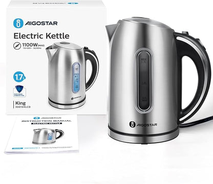 Aigostar King - Electric Kettle Stainless Steel, 1.7 Liter Cordless Tea Kettle, 1100W Hot Water Kettle with Auto Shut-Off, BPA-Free