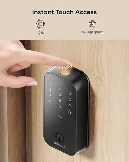 DREAME Smart Lock Lite, Digital Fingerprint Keyless Entry Door Lock, 12-Months Battery, Front Door Smart Lock Deadbolt Set with App Control, Auto Lock, IP54 Waterproof, Supports Apple HomeKit, Black