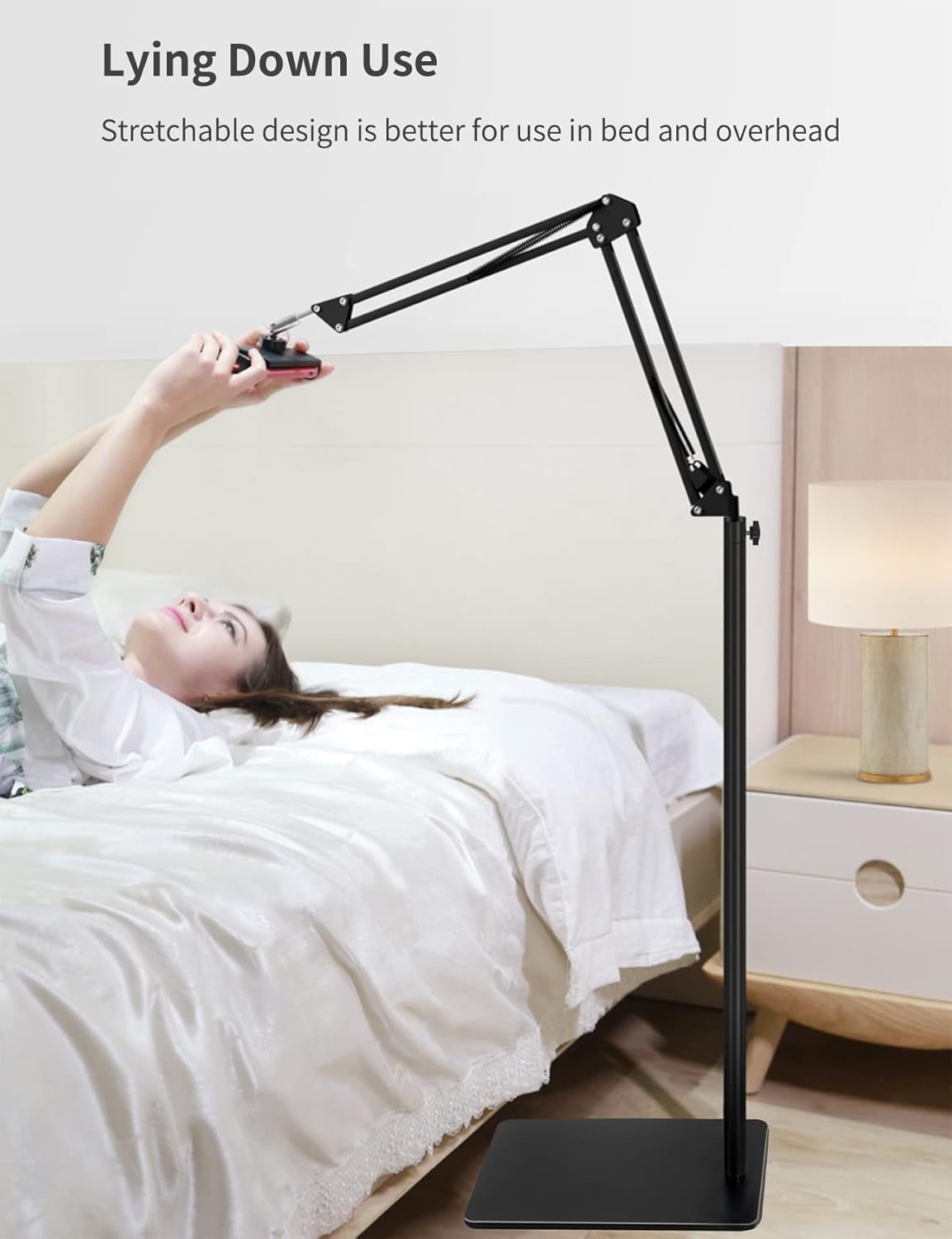 Tablet Floor Stand with Double Weight Base, Overhead Bed Phone Mount Height Adjustable Arm Stretchable Stand Holder, Compatible with iPad Mini Air Pro, Galaxy Tab, Kindle, Switch, Cell Phones
