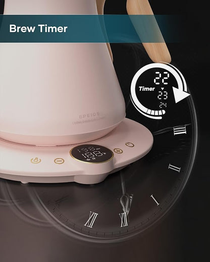 Gooseneck Electric Kettle with ±1℉ Temperature Control for Pour Over Coffee & Tea, Quick Heating, BPA-Free Stainless Steel, Built-in Brew Timer, 1500W/0.9L (Munch Pink)