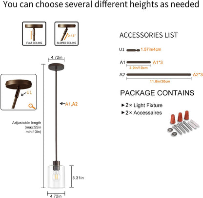 Oil Rubbed Bronze Pendant Lights Kitchen Island - Clear Glass Pendant Light Fixture Multiple Stems Rods 3 Units 12 Inch 3 Units 4 Inch (2 Pack Oil Rubbed Bronze Downrod)