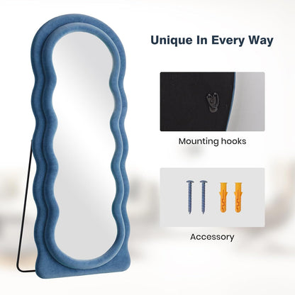 Full Length Mirror 63"x24" Arched Wavy Full Body Wall Mounted Floor Mirror with Stand Blue Flannel Frame Leaning Hanging Wall Mirror for Bedroom Entrance