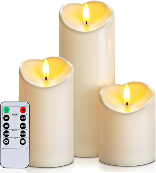 Homemory Flameless Candles with Timer and Remote Control, Battery Operated LED Candles, Realistic Fake Plastic Candles for Wedding, Festival, Home Decor, Waterproof Outdoor, D3”H4”6”8”