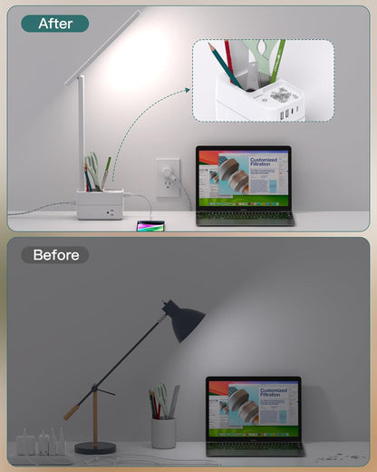 Addtam LED Desk Lamp with Pen Holder, Study Lamps with 3 Outlets 4 USB Charging Ports(2 USBC), 3 Color Modes Desk Light Touch Lamp, Small Desk Lamps for Home Office College Dorm Room Essentials