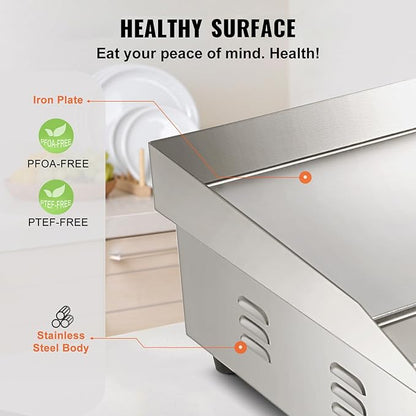 VEVOR Commercial Electric Griddle, 22", 1600W Countertop Flat Top Griddle, Stainless Steel Teppanyaki Grill w/Iron Cooking Plate, 122-572℉ Adjustable Temp Control 2 Shovels & Brushes, 110V