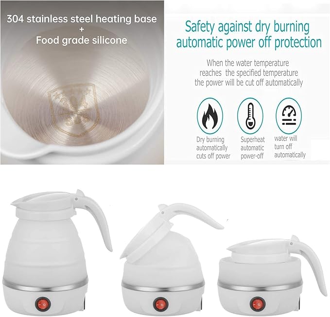 Foldable Electric Kettle, Upgraded Food Grade Silicone,600W 600ML Flash Heat Small Portable Travel Electric Kettle,110V US Plug (Pure White)