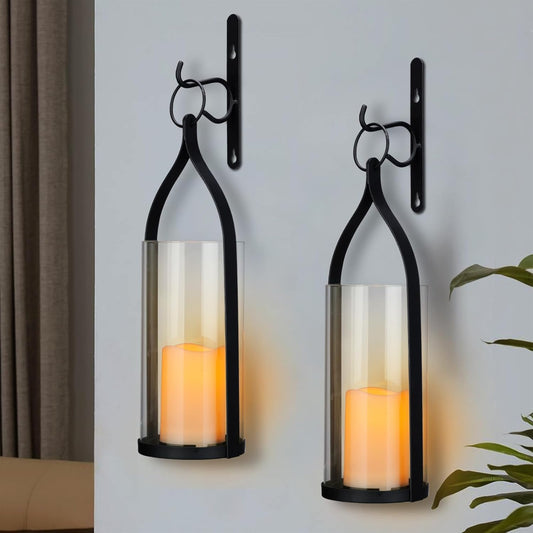 Metal Wall Sconce Candle Lantern Set of 2 - Black Wall Mounted Hanging Holder with Glass & Candles Vintage Wall Decor for Porch, Living Room, Dining Room, Bedroom Indoor Decor