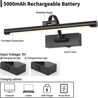 Picture Lights Battery Operated with Remote and Dimmable Function, Rechargeable Gallery Light Black Art Light Wireless Painting Lights 16'' Inch for Display, Portrait, Artwork, Warm White