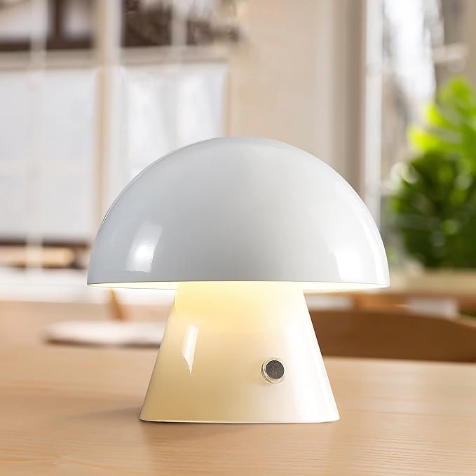JONATHAN Y 7" White Rechargeable Cordless Mushroom Table Lamp, Portable LED Nightstand Lamp for Bedroom Living Room, Metal Shade, 3-Way Dimmable Touch Sensor Modern Accent (JYL7116B)