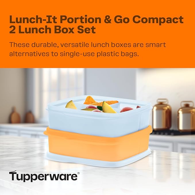 Tupperware Lunch-It Portion & Go Compact 2-Lunch Box Set in Blue & Orange, Dishwasher Safe & BPA Free (2.3 Cups/550 ml)