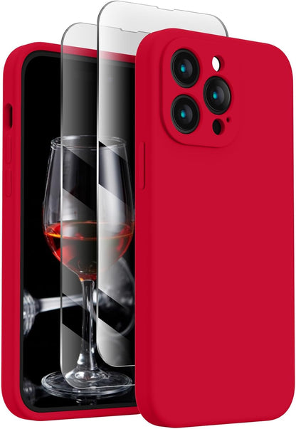 FireNova for iPhone 14 Pro Case, Silicone Upgraded [Camera Protection] Phone Case with [2 Screen Protectors], Soft Anti-Scratch Microfiber Lining Inside, 6.1 inch, Deep Red