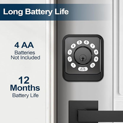 GEONFINO Keyless Entry Door Lock with Keypad, Smart Deadbolt for Front Door, Black Door Lock with 2 Keys, Keypad Deadbolt with Easy Installation
