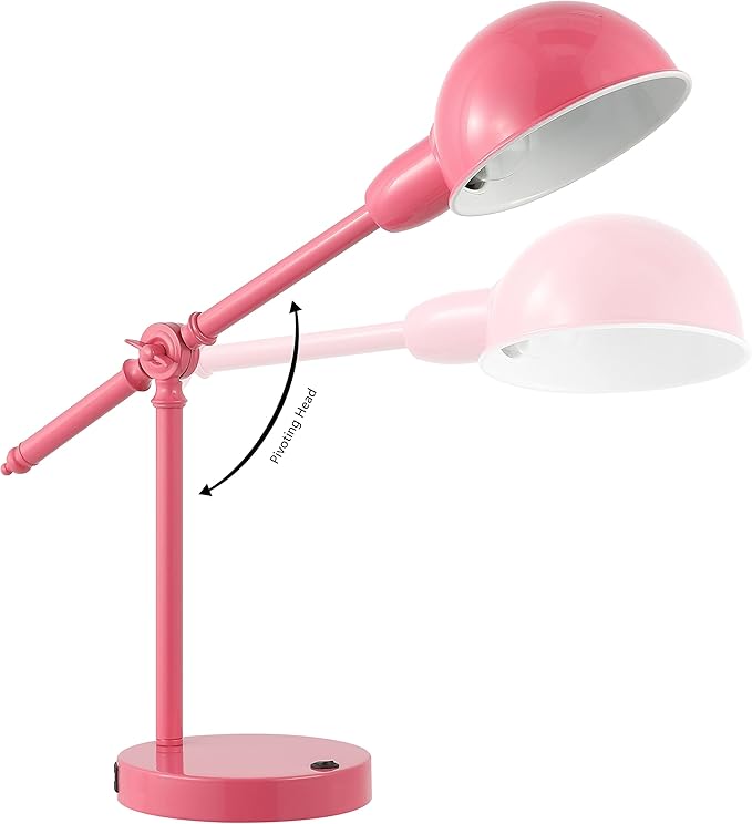 JONATHAN Y 20.25" Pink Vintage Industrial Iron Adjustable Task Lamp with USB Charging Port for Office Desk, Metal Yellow Dome Shade, LED Bulb Included (JYL7123D)