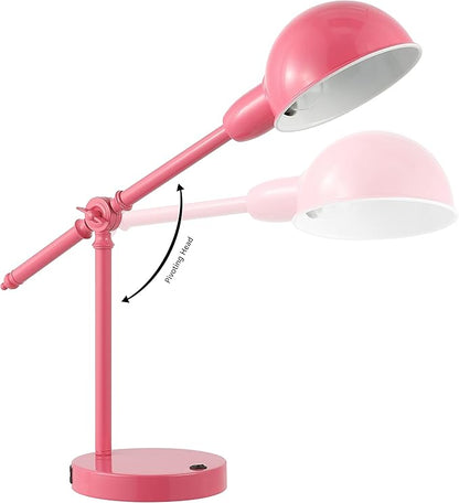 JONATHAN Y 20.25" Pink Vintage Industrial Iron Adjustable Task Lamp with USB Charging Port for Office Desk, Metal Yellow Dome Shade, LED Bulb Included (JYL7123D)