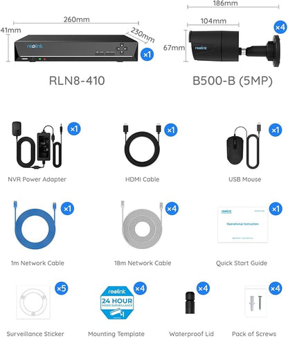 REOLINK 8CH 5MP PoE Security Camera System, 4pcs Wired PoE IP Cameras Outdoor with Person/Pet/Vehicle Detection, 4K 8CH NVR with 2TB HDD for 24-7 Recording, RLK8-410B4-5MP Black