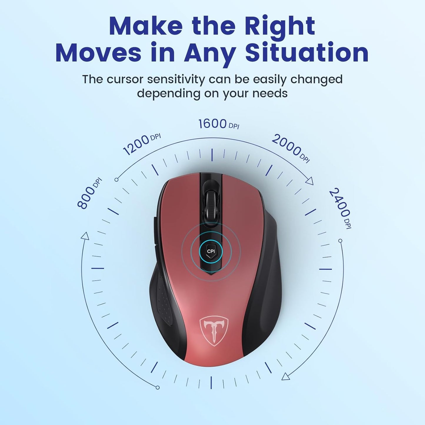 Wireless Mouse, D-09 Computer Mouse USB Cordless Mice for Laptop, Ergo Grips, Lightspeed 5-Level 2400 DPI, 16 Months Battery, Portable for PC Mac Chromebook (Red, 1 Pack)
