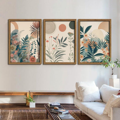 Marllifenney Wood Framed Orange Plants Canvas Wall Art Set of 3 Boho Botanical Wall Decor Abstract Floral Poster Modern Nature Prints Painting Picture for Living Room Bedroom Kitchen Office 12x16in