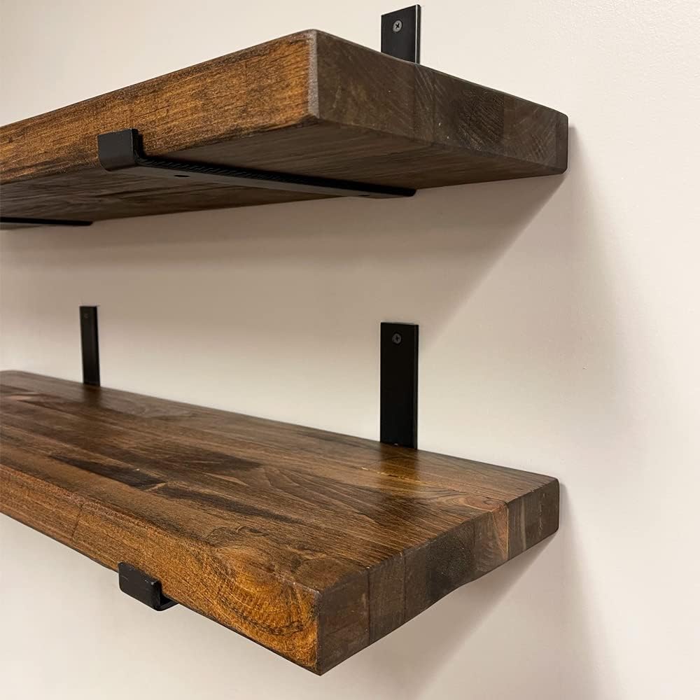 Rustic Shelves with J-Brackets Set of 2, Industrial Shelf, Kitchen Shelves, Solid Wood, Decorative Wall Storage, Heavy Duty, URBANDI (Provincial, 24Wx6D)
