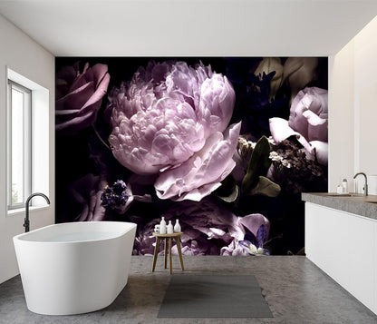 -Black Peony Purple Floral Botanical Fabric Wallpaper Living Room Bedroom Bathroom Dark Flowers Wall Mural- 91"x65"（ not Peel and Stick）