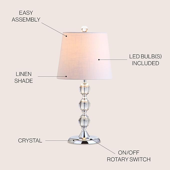 JONATHAN Y 20" Clear Crystal Mini LED Table Lamp, Chrome Modern Traditional Bedside Lamp with White Linen Drum Shade for Living Room Bedroom, UL Listed, LED Bulb Included JYL2026A