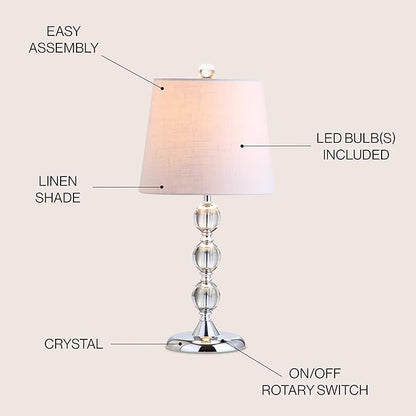 JONATHAN Y 20" Clear Crystal Mini LED Table Lamp, Chrome Modern Traditional Bedside Lamp with White Linen Drum Shade for Living Room Bedroom, UL Listed, LED Bulb Included JYL2026A