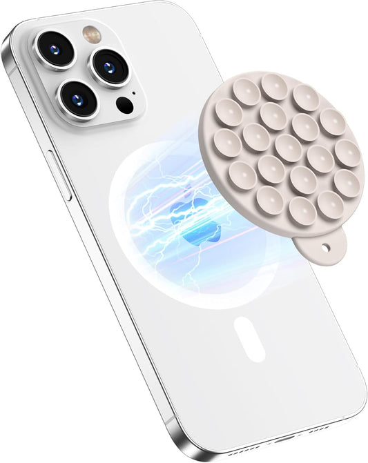 Magnetic Suction Cup Phone Mount for MagSafe Case, Silicone Hands-Free Grip Holder for iPhone and Android, Mirror Shower Phone Stand for Makeup FaceTime Gym Kitchen Bathroom, Stone