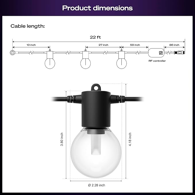 Philips Hue Festavia Globe Outdoor String Lights, White & Color Ambiance, 22ft,8 Bulbs, Dimmable, Control with Hue App or Voice, Bridge Required