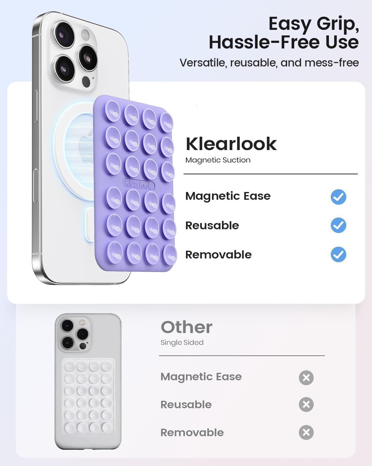 Klearlook 4PCS Magnetic Suction Phone Mount for MagSafe Case, Sticky Phone Grip for iPhone, Removable Hands-Free Selfie/Video for TikTok Influencers, (Clear & Light Pink & Light Blue & Lavender)