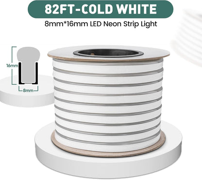 GZBtech Flexible LED Neon Rope Lights 82FT,AC 110-120V Waterproof Strip Light, 120 LEDs/M Cuttable Connectable Neon Lighting for Indoor Outdoor Home Decor/Commercial Building Use-Cold White 25M