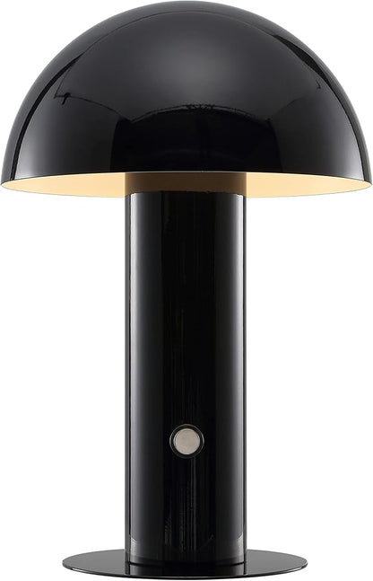 JONATHAN Y 10.75" Black Rechargeable LED Mushroom Table Lamp, Cordless Portable Bedside Lamp for Living Room Bedroom, 3-Way Dimmable Modern Iron Desk Light, Metal Shade JYL7115A