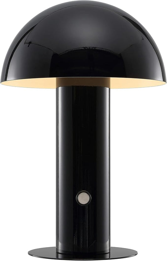 JONATHAN Y 10.75" Black Rechargeable LED Mushroom Table Lamp, Cordless Portable Bedside Lamp for Living Room Bedroom, 3-Way Dimmable Modern Iron Desk Light, Metal Shade JYL7115A