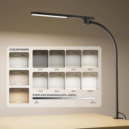 Honeywell HJ2 Gooseneck LED Desk Lamp with Clamp,3-Color Stepless Dimming.Flexible Metal Lamp Arm,CRI ≥ 97.Adjustable Small Desk Lamp for Home Office,Studying, Reading, Artists & Crafters (Black)