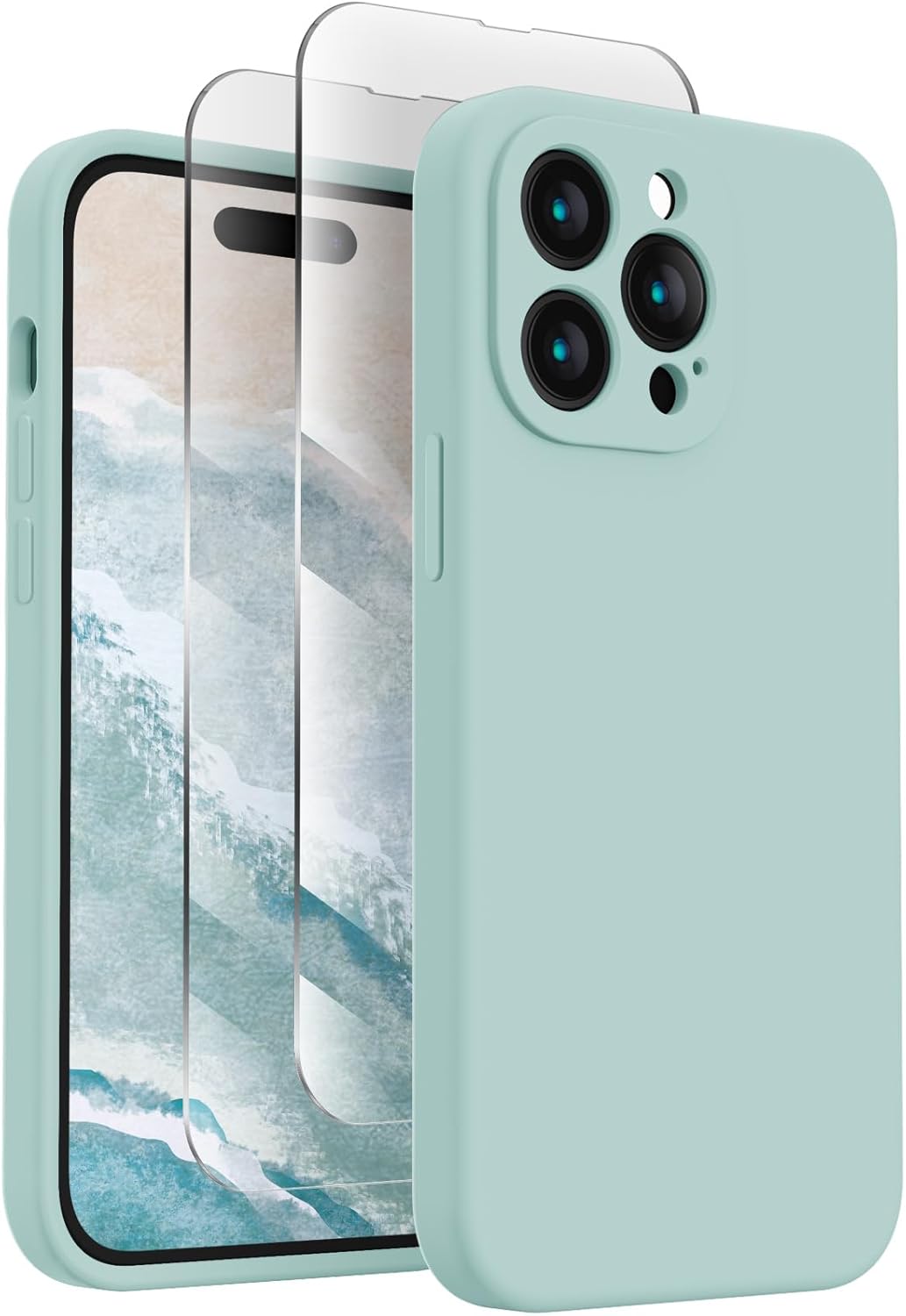 FireNova for iPhone 14 Pro Case, Silicone Upgraded [Camera Protection] Phone Case with [2 Screen Protectors], Soft Anti-Scratch Microfiber Lining Inside, 6.1 inch, Mint Green